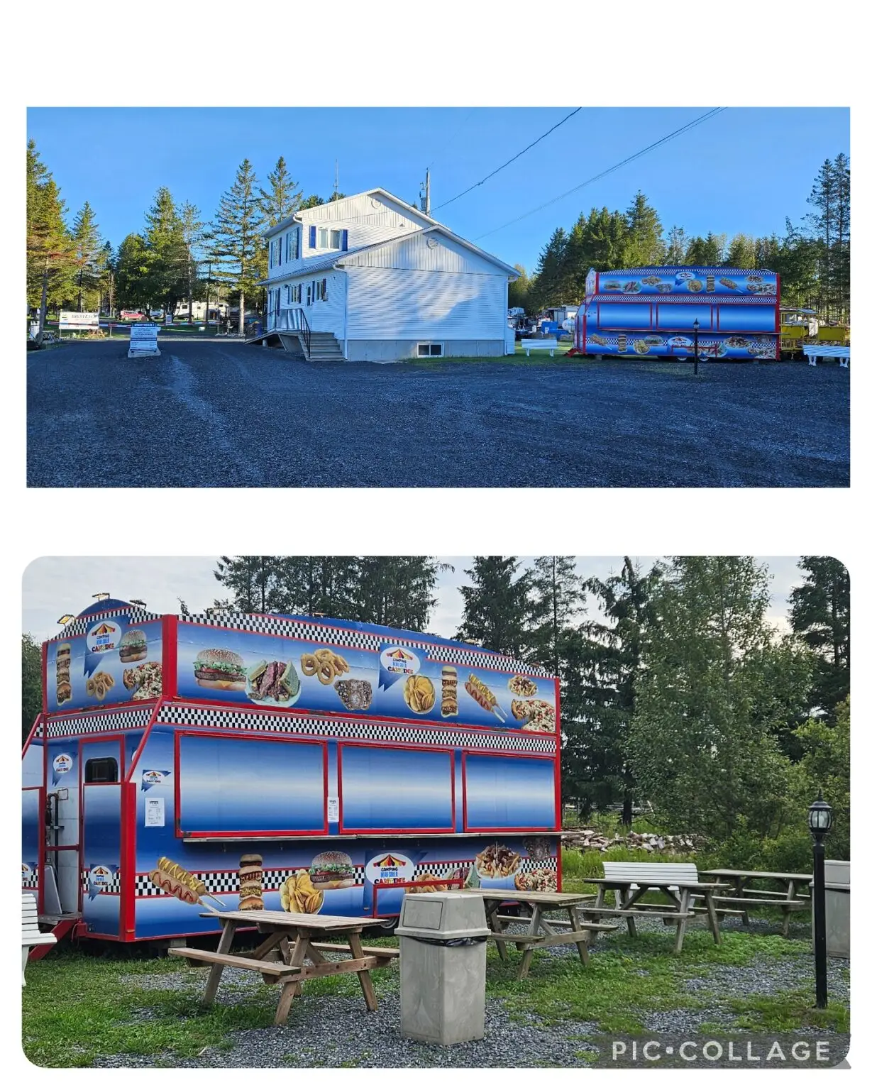 a couple of images of a food truck and a white house